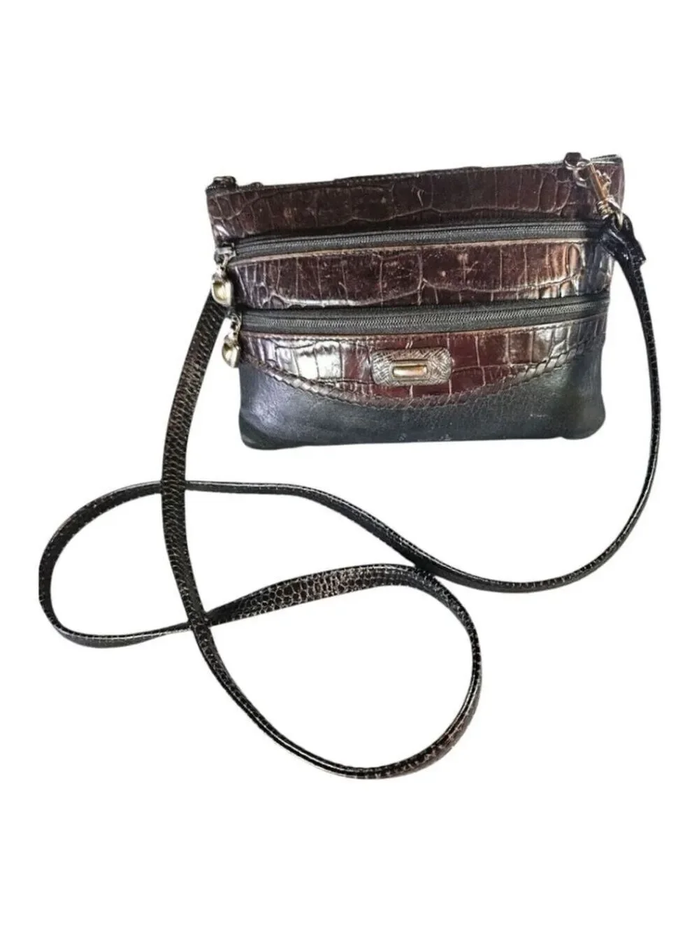 Brighton One Size Black Brown Croc Embossed Leather Crossbody Bag - Picture 3 of 15